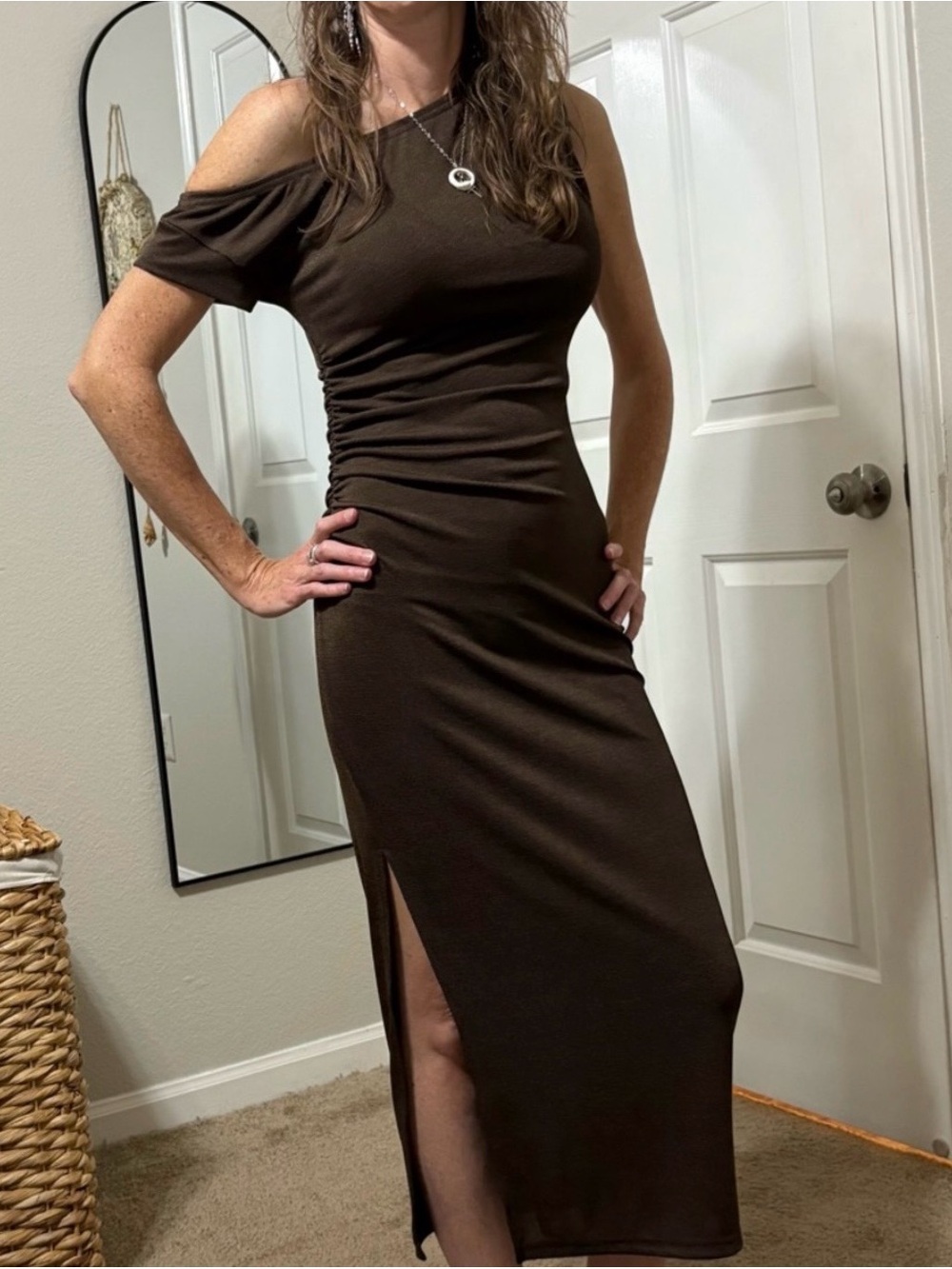 Cupshe One-Shoulder Brown Maxi Dress with Side Slit